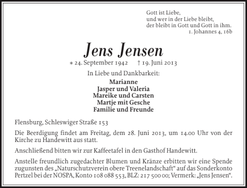  Traueranzeige für Jens Jensen vom 22.06.2013 aus Flensburger Tageblatt