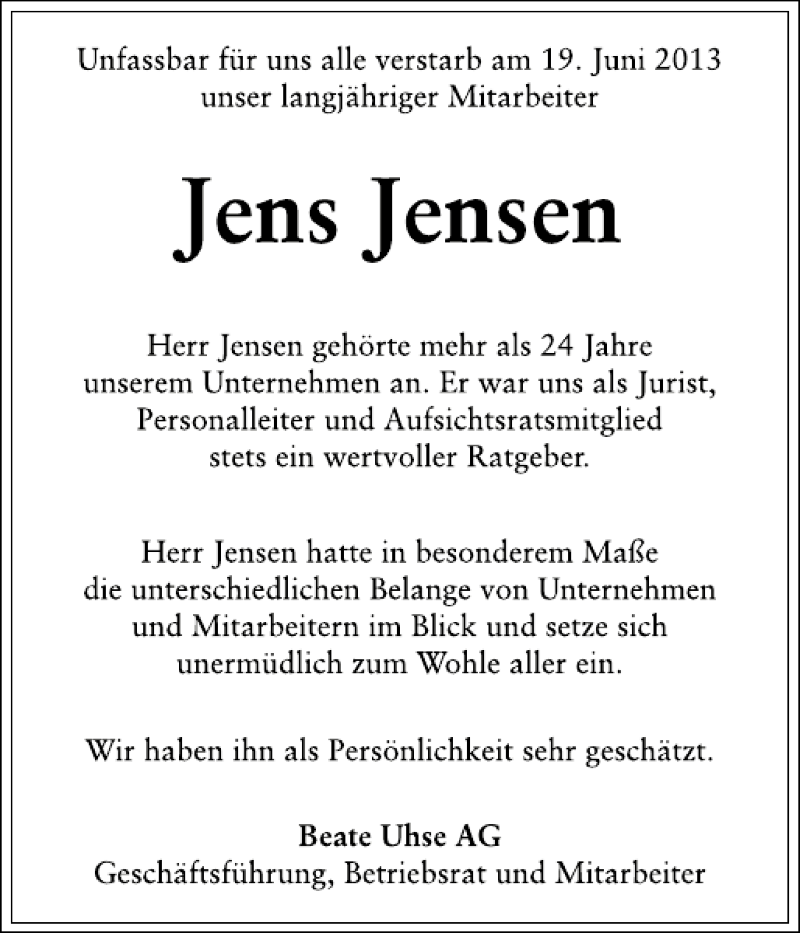  Traueranzeige für Jens Jensen vom 27.06.2013 aus Flensburger Tageblatt