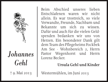 Traueranzeige von Johannes Gehl von Landeszeitung