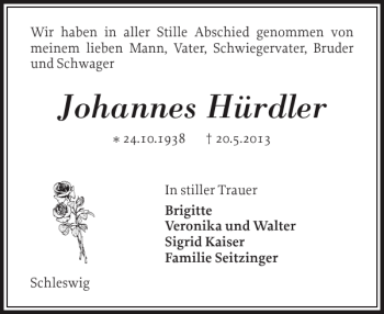 Traueranzeige von Johannes Hürdler von Flensburger Tageblatt