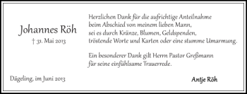 Traueranzeige von Johannes Röh von Norddeutsche Rundschau