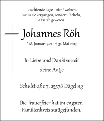 Traueranzeige von Johannes Röh von Norddeutsche Rundschau