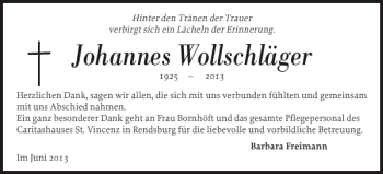 Traueranzeige von Johannes Wollschläger von Landeszeitung