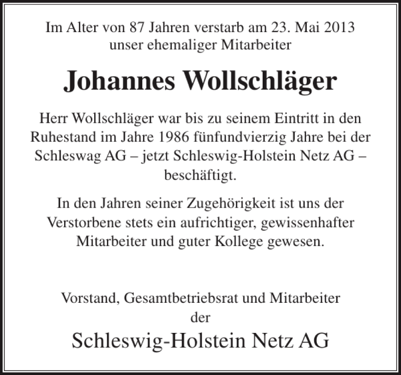  Traueranzeige für Johannes Wollschläger vom 05.06.2013 aus Landeszeitung