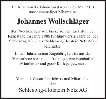 Traueranzeige von Johannes Wollschläger von Landeszeitung