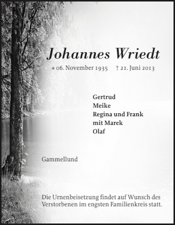 Traueranzeige von Johannes Wriedt von Schleswiger Nachrichten