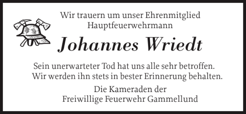  Traueranzeige für Johannes Wriedt vom 27.06.2013 aus Schleswiger Nachrichten