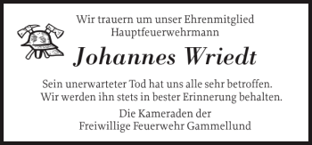 Traueranzeige von Johannes Wriedt von Schleswiger Nachrichten