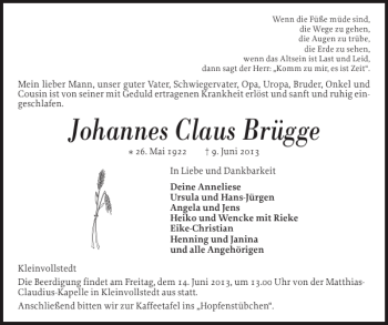 Traueranzeige von Johannes Claus Brügge von Landeszeitung