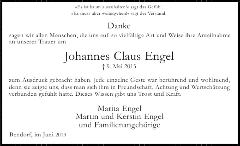  Traueranzeige für Johannes Claus Engel vom 08.06.2013 aus Landeszeitung