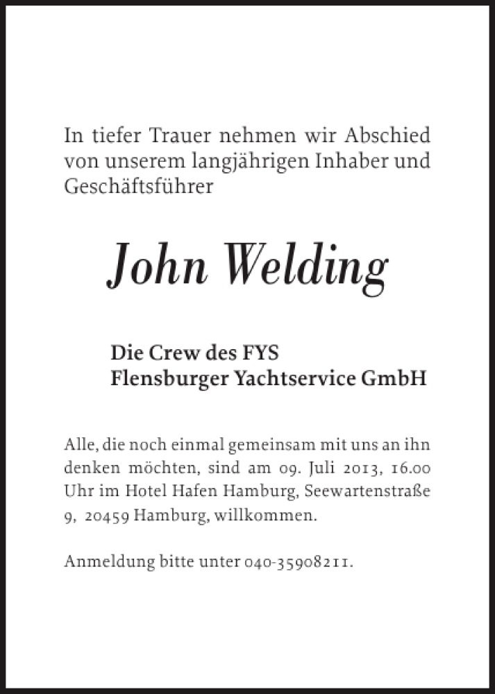  Traueranzeige für John Welding vom 29.06.2013 aus Flensburger Tageblatt