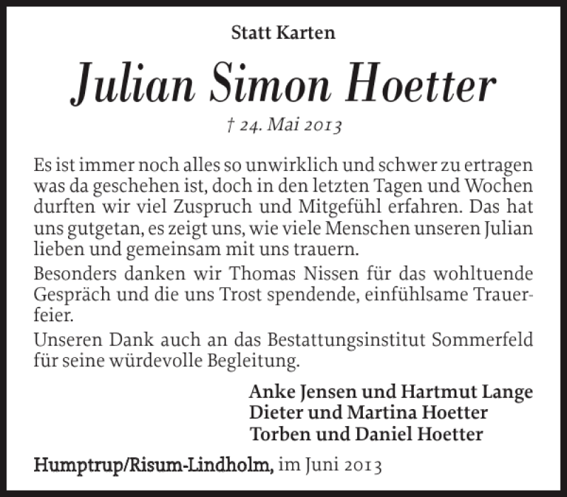  Traueranzeige für Julian Simon Hoetter vom 15.06.2013 aus Nordfriesland Tageblatt