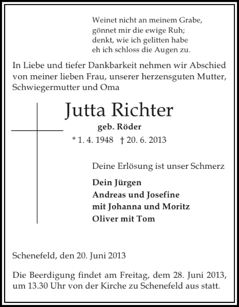  Traueranzeige für Jutta Richter vom 22.06.2013 aus Norddeutsche Rundschau