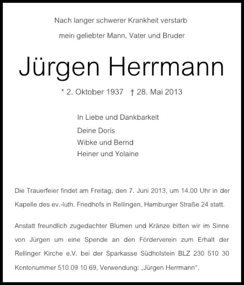  Traueranzeige für Jürgen Herrmann vom 01.06.2013 aus Pinneberger Tageblatt