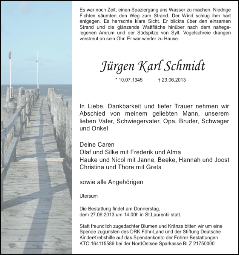  Traueranzeige für Jürgen Karl Schmidt vom 25.06.2013 aus Der Insel-Bote