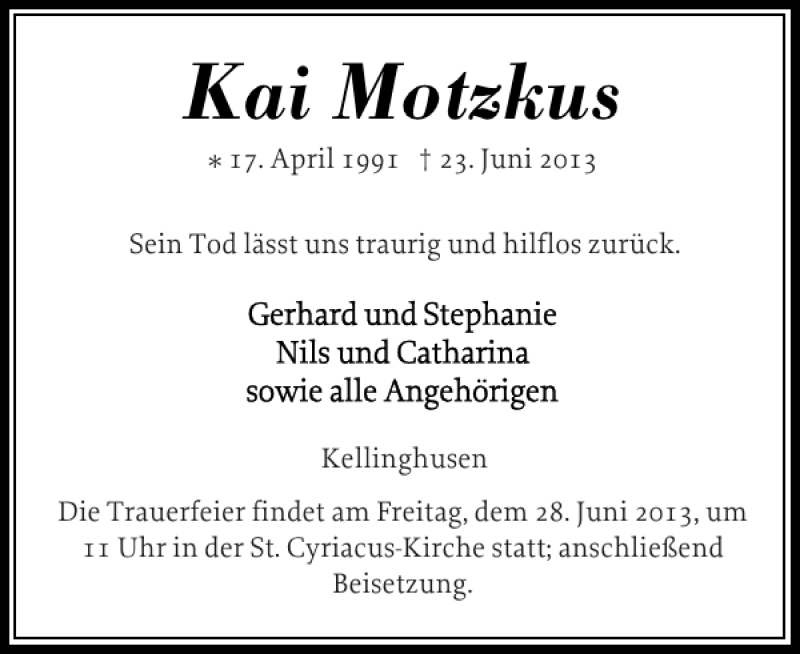  Traueranzeige für Kai Motzkus vom 26.06.2013 aus Norddeutsche Rundschau