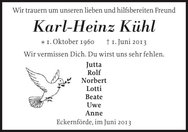  Traueranzeige für Karl-Heinz Kühl vom 04.06.2013 aus Eckernförder Zeitung