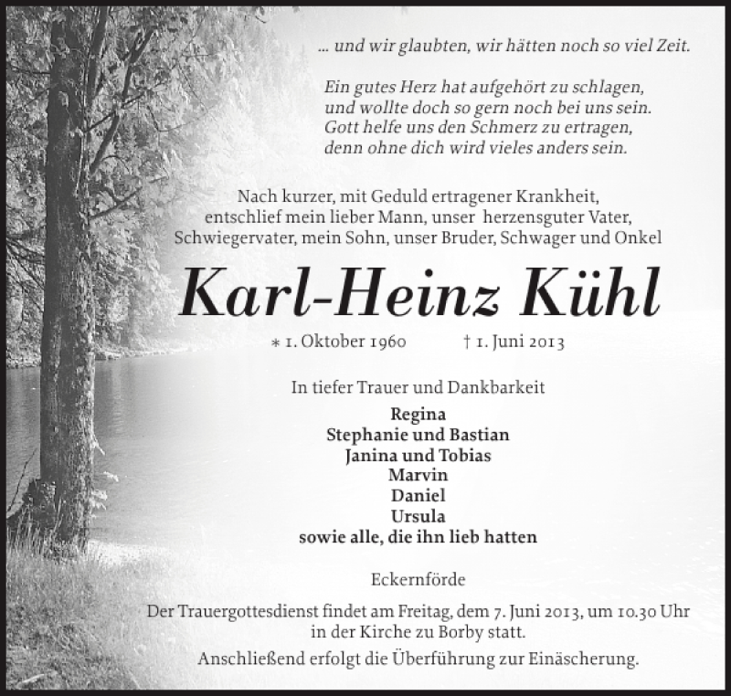  Traueranzeige für Karl-Heinz Kühl vom 04.06.2013 aus Eckernförder Zeitung
