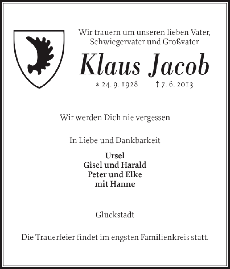  Traueranzeige für Klaus Jacob vom 15.06.2013 aus Norddeutsche Rundschau