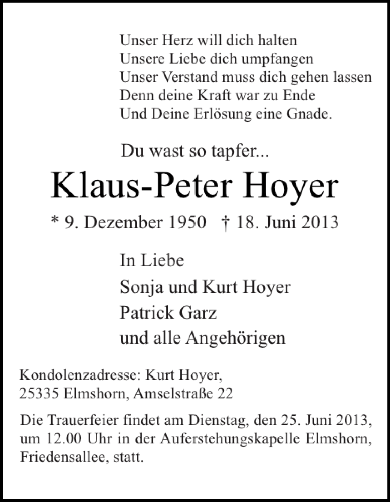  Traueranzeige für Klaus-Peter Hoyer vom 22.06.2013 aus Elmshorner Nachrichten