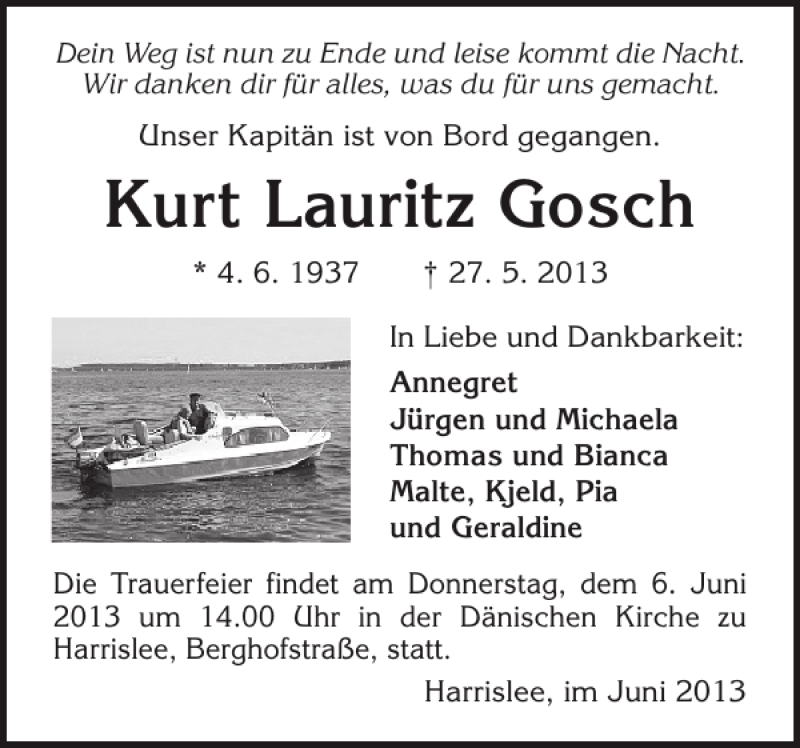  Traueranzeige für Kurt Lauritz Gosch vom 01.06.2013 aus Flensburger Tageblatt