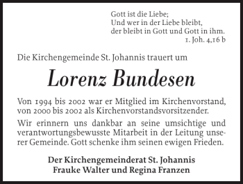 Traueranzeige von Lorenz Bundesen von Flensburger Tageblatt