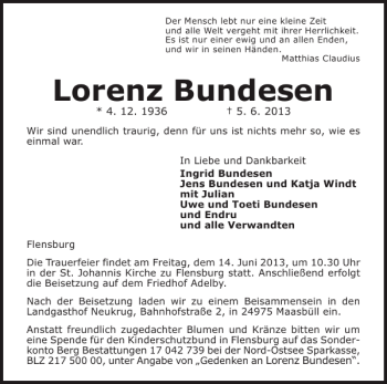 Traueranzeige von Lorenz Bundesen von Flensburger Tageblatt