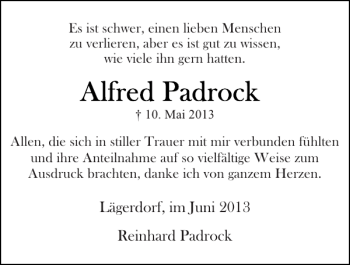 Traueranzeige von Lägerdorf im Reinhard Padrock von Norddeutsche Rundschau