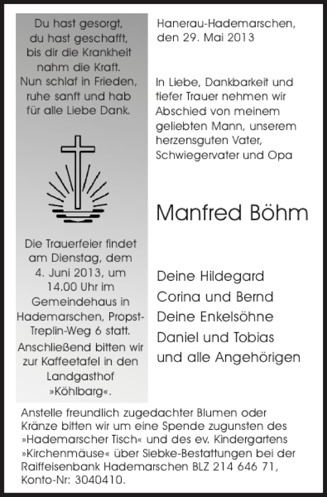  Traueranzeige für Manfred Böhm vom 01.06.2013 aus Landeszeitung