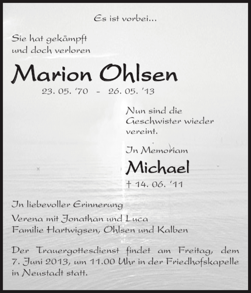  Traueranzeige für Marion Ohlsen vom 05.06.2013 aus Flensburger Tageblatt