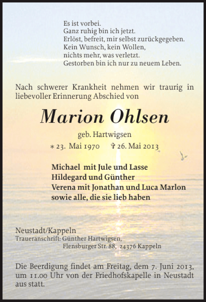  Traueranzeige für Marion Ohlsen vom 05.06.2013 aus Schlei-Bote