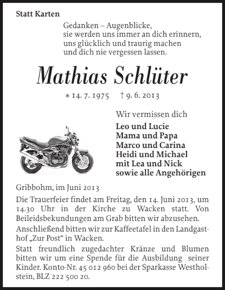  Traueranzeige für Mathias Schlüter vom 11.06.2013 aus Norddeutsche Rundschau