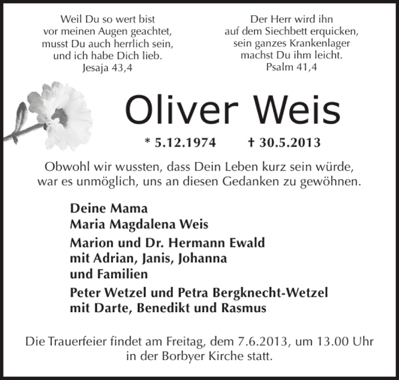  Traueranzeige für Oliver Weis vom 05.06.2013 aus Eckernförder Zeitung