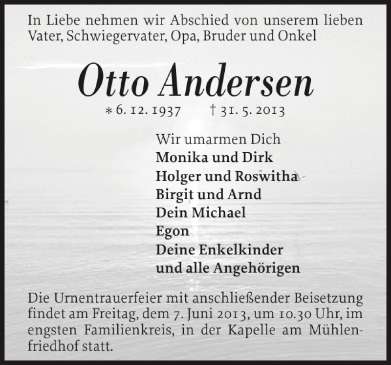  Traueranzeige für Otto Andersen vom 03.06.2013 aus Flensburger Tageblatt