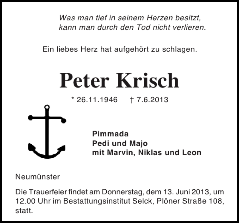  Traueranzeige für Peter Krisch vom 11.06.2013 aus Holsteinischer Courier