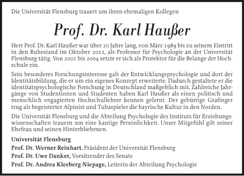 Traueranzeige für Prof. Dr. Karl Haußer vom 13.06.2013 aus Flensburger Tageblatt