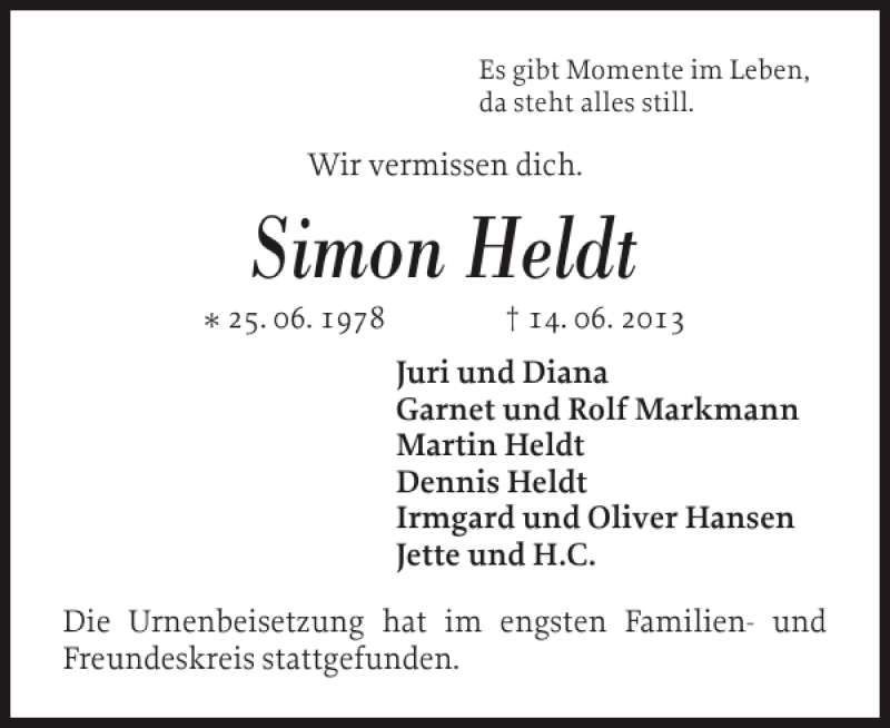  Traueranzeige für Simon Heldt vom 29.06.2013 aus Flensburger Tageblatt