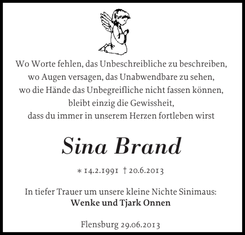  Traueranzeige für Sina Brand vom 29.06.2013 aus Flensburger Tageblatt