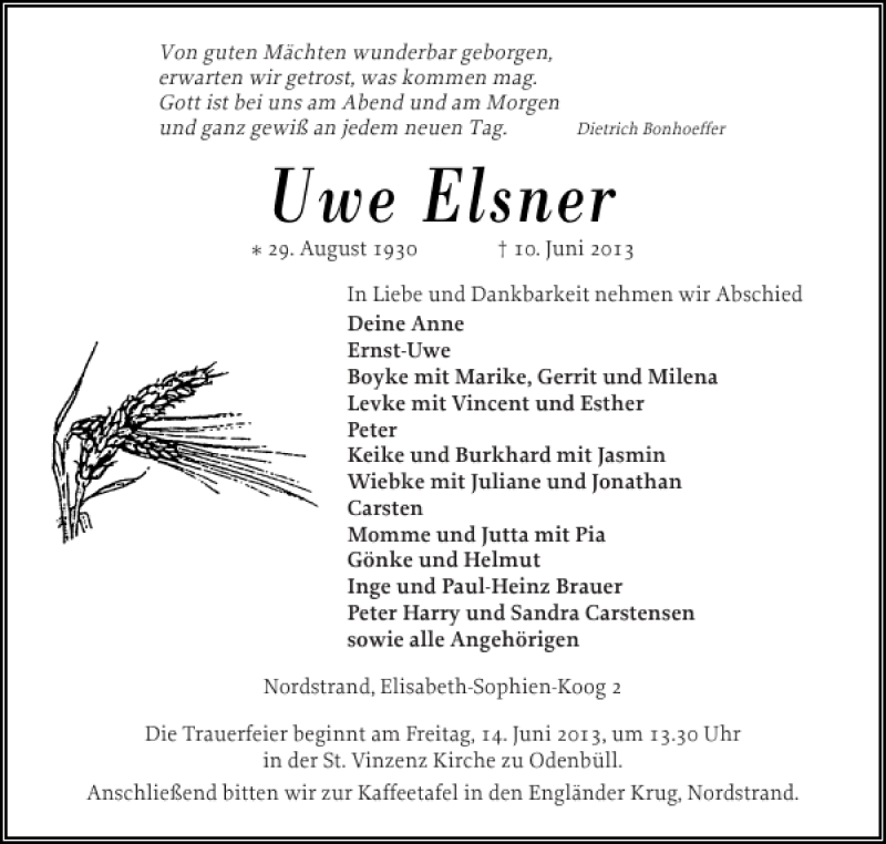  Traueranzeige für Uwe Elsner vom 12.06.2013 aus Husumer Nachrichten