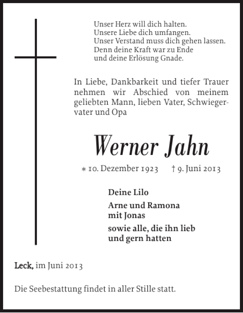  Traueranzeige für Werner Jahn vom 29.06.2013 aus Nordfriesland Tageblatt