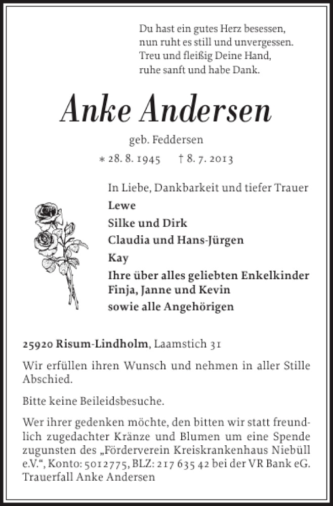  Traueranzeige für Anke Andersen vom 11.07.2013 aus Nordfriesland Tageblatt