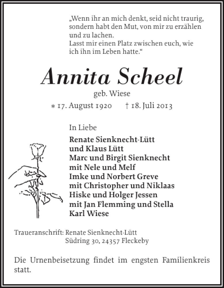 Traueranzeige für Annita Scheel vom 20.07.2013 aus Schleswiger Nachrichten