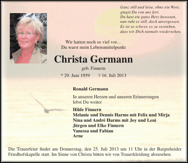  Traueranzeige für Christa Germann vom 20.07.2013 aus Stormarner Tageblatt