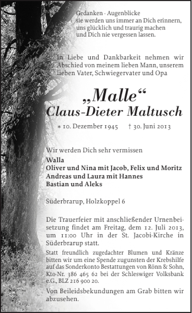  Traueranzeige für Claus-Dieter (Malle) Maltusch vom 04.07.2013 aus Flensburger Tageblatt