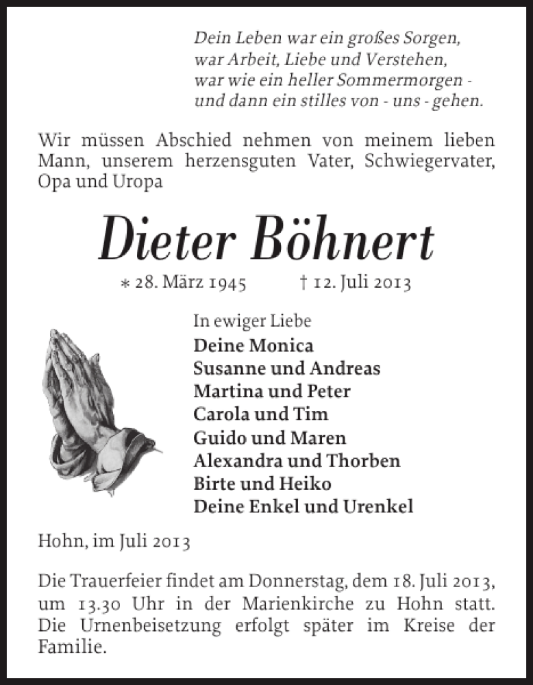  Traueranzeige für Dieter Böhnert vom 16.07.2013 aus Landeszeitung