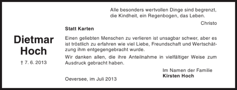  Traueranzeige für Dietmar Hoch vom 20.07.2013 aus Flensburger Tageblatt