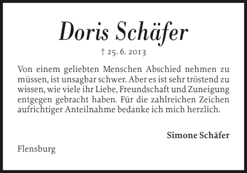  Traueranzeige für Doris Schäfer vom 13.07.2013 aus Flensburger Tageblatt