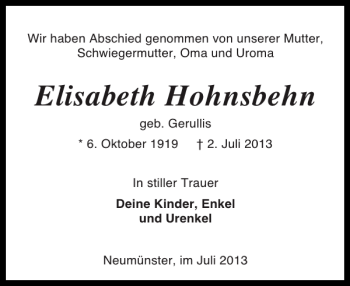 Traueranzeige von Elisabeth Hohnsbehn von Holsteinischer Courier