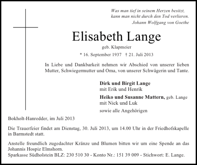  Traueranzeige für Elisabeth Lange vom 25.07.2013 aus Elmshorner Nachrichten
