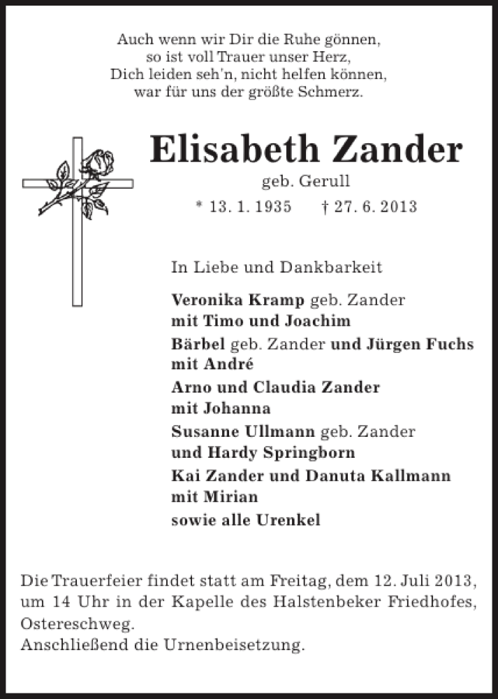  Traueranzeige für Elisabeth Zander vom 09.07.2013 aus Pinneberger Tageblatt